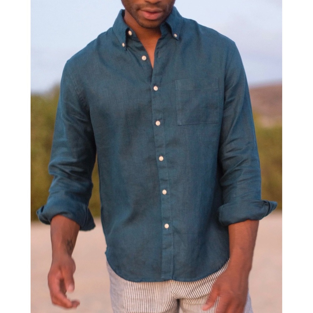 NWT Alex Crane Playa Shirt Men M Dusk Blue Linen Casual Travel Resort Vacation